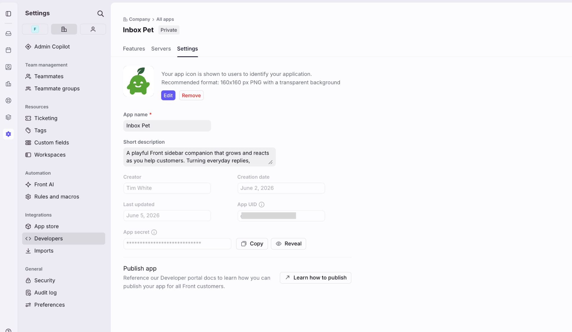 Front developer app Settings tab with icon, name, and short description fields