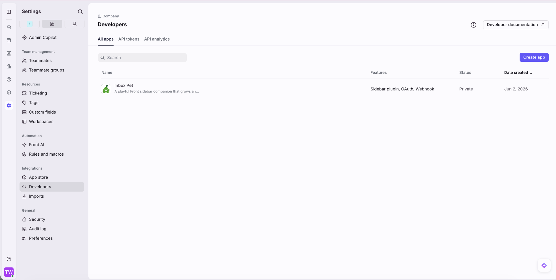 Front Company settings with Developers selected under Integrations