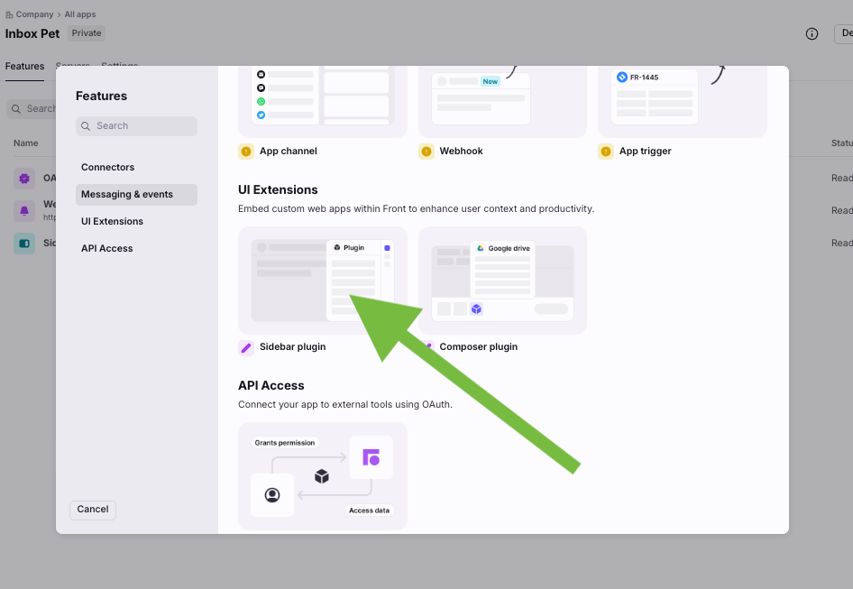 Front app Features picker with Sidebar plugin highlighted under UI Extensions